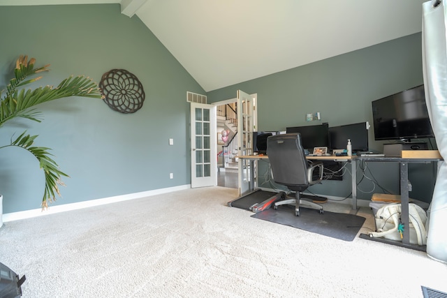14607 Stratford, Shelby Twp, MI 48315 - carpeted home office featuring high vaulted ceiling, beam ceiling, baseboards, and french doors
