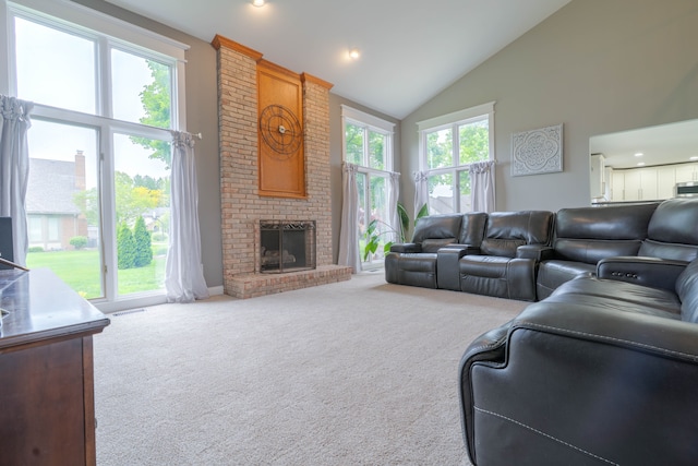 14607 Stratford, Shelby Twp, MI 48315 - living room featuring carpet, high vaulted ceiling, a fireplace, and recessed lighting