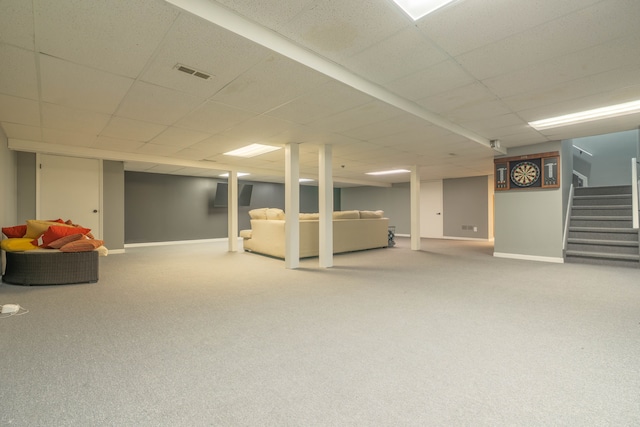 14607 Stratford, Shelby Twp, MI 48315 - finished below grade area featuring stairway, baseboards, carpet floors, and a drop ceiling