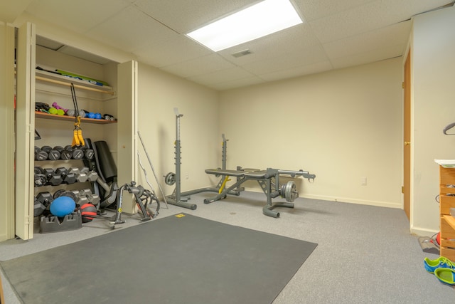 14607 Stratford, Shelby Twp, MI 48315 - exercise area featuring a paneled ceiling, baseboards, and carpet floors