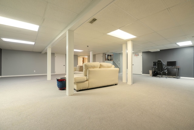 14607 Stratford, Shelby Twp, MI 48315 - carpeted living room featuring a desk, a paneled ceiling, and baseboards