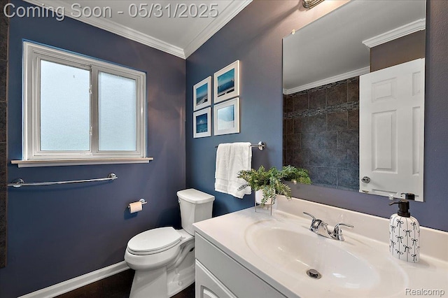 2920 Pinto Dr, Commerce Twp, MI 48382 - bathroom with crown molding, vanity, toilet, baseboards, and a shower