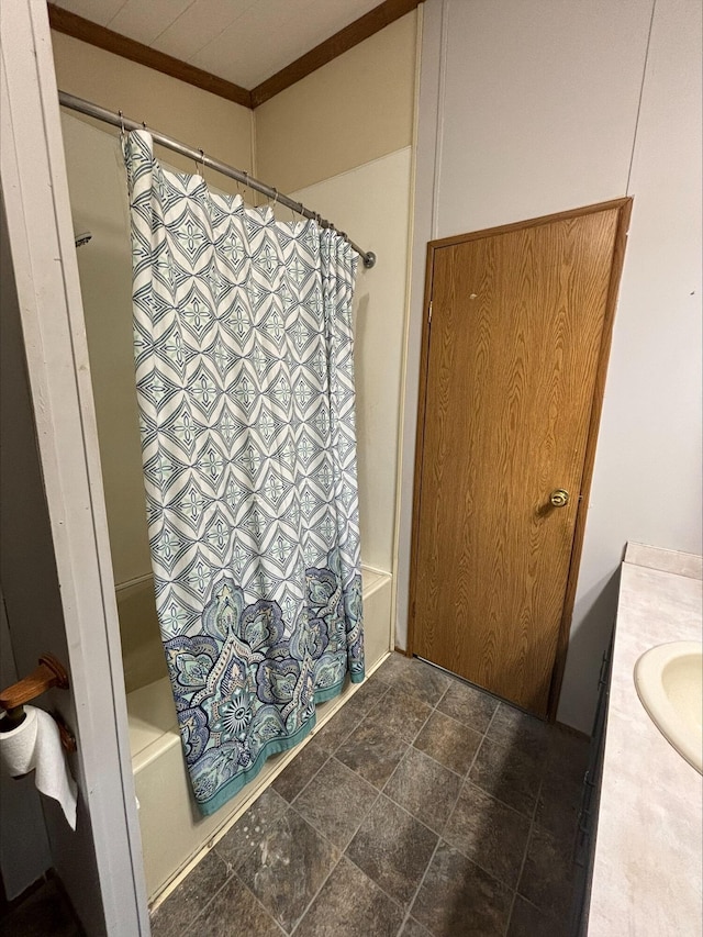 815 Hyatt St, Eaton Rapids, MI 48827 - bathroom featuring stone finish floors, shower / bath combination with curtain, and vanity