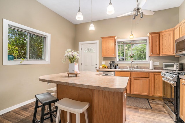 201 Page St NE, Grand Rapids, MI 49505 - kitchen with appliances with stainless steel finishes, a sink, dark wood-style flooring, a center island, and a ceiling fan
