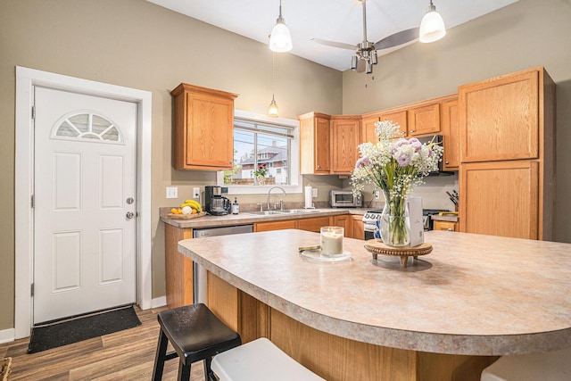 201 Page St NE, Grand Rapids, MI 49505 - kitchen featuring a kitchen breakfast bar, a sink, wood finished floors, and light countertops