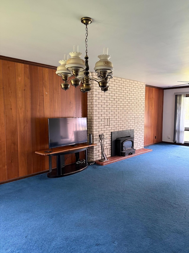 3104 Chippewa Hwy, Manistee, MI 49660 - carpeted living room with wood walls and a chandelier