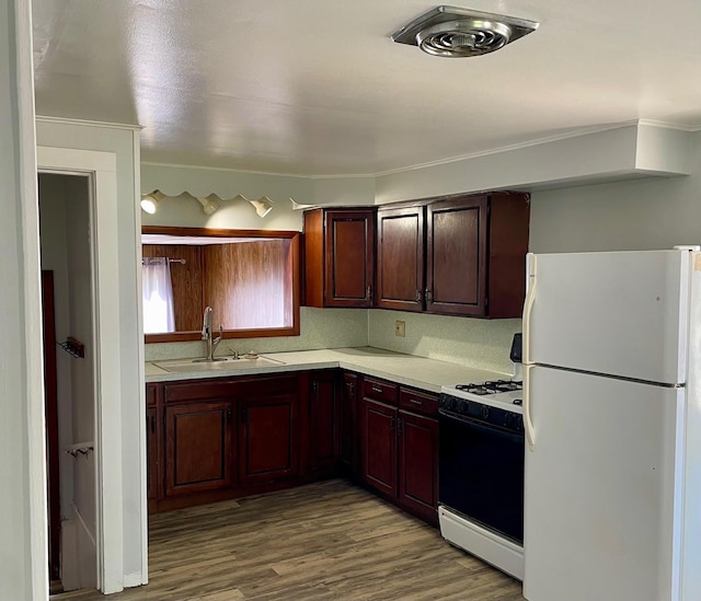 612 N Prospect St, Sturgis, MI 49091 - kitchen with white appliances, a sink, light countertops, wood finished floors, and ornamental molding