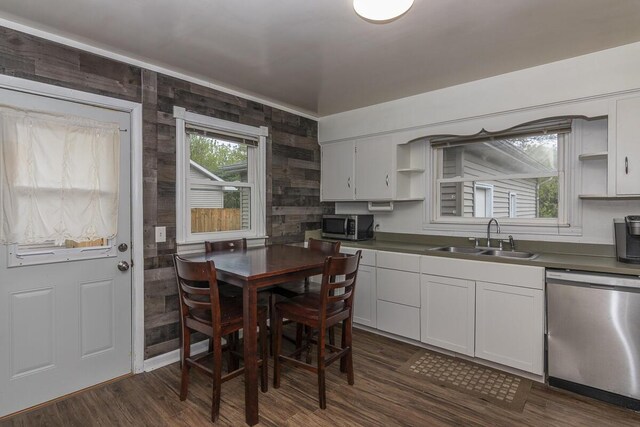 455 N Centre St, Schoolcraft, MI 49087 - kitchen featuring stainless steel appliances, a sink, open shelves, and dark wood-style flooring