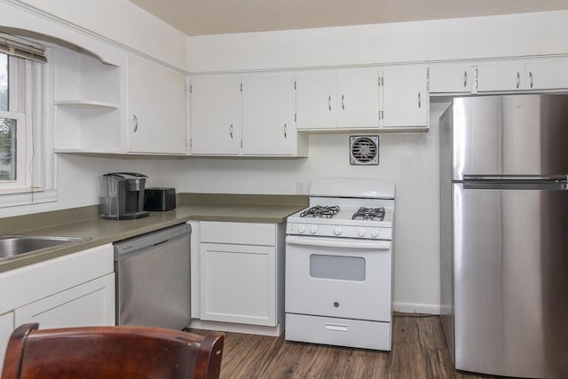455 N Centre St, Schoolcraft, MI 49087 - kitchen featuring appliances with stainless steel finishes, white cabinets, dark wood-type flooring, and open shelves