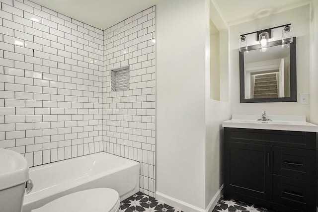 329 N Liberty St, Marshall, MI 49068 - bathroom featuring toilet, tile patterned floors, vanity, shower / tub combination, and baseboards