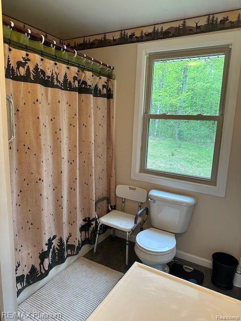 3624 Windy Hollow Rd NW, Rapid City, MI 49676 - full bathroom featuring baseboards, toilet, and curtained shower