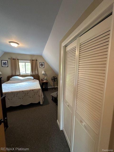 3624 Windy Hollow Rd NW, Rapid City, MI 49676 - bedroom featuring vaulted ceiling, dark colored carpet, and a closet