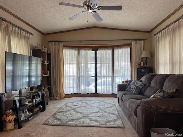 56 3rd St, Dearborn Heights, MI 48127 - living area featuring carpet, lofted ceiling, ceiling fan, a textured ceiling, and crown molding