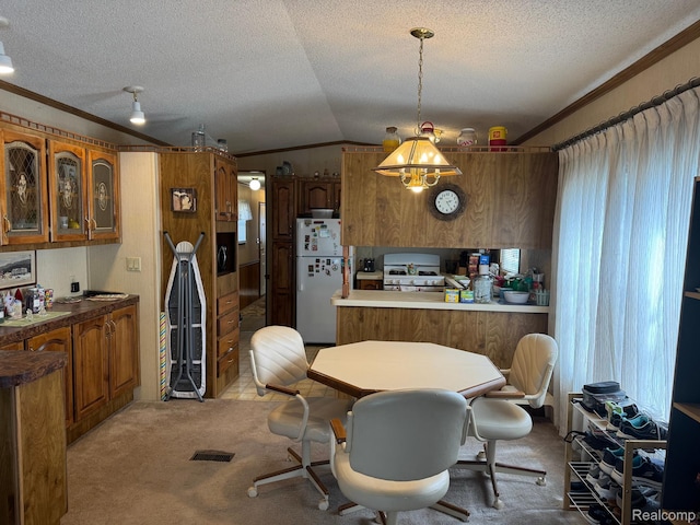 32 3rd St, Dearborn Heights, MI 48127 - dining space with ornamental molding, light carpet, a chandelier, and a textured ceiling