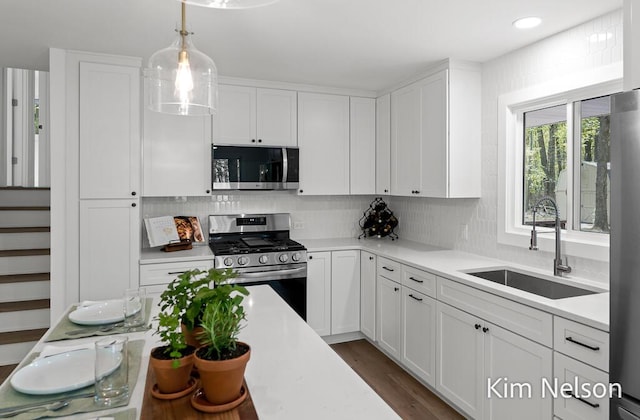 5203 Nestrom Rd, Whitehall, MI 49461 - kitchen featuring appliances with stainless steel finishes, a sink, white cabinets, light countertops, and decorative backsplash
