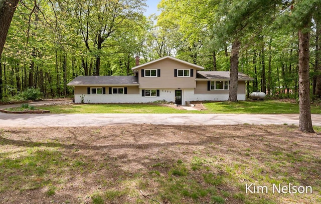 5203 Nestrom Rd, Whitehall, MI 49461 - split level home featuring a front yard and a chimney