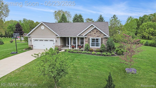 5956 Kerri Ln, Howell, MI 48855 - view of front of house featuring stone siding, a front yard, driveway, a garage, and a porch