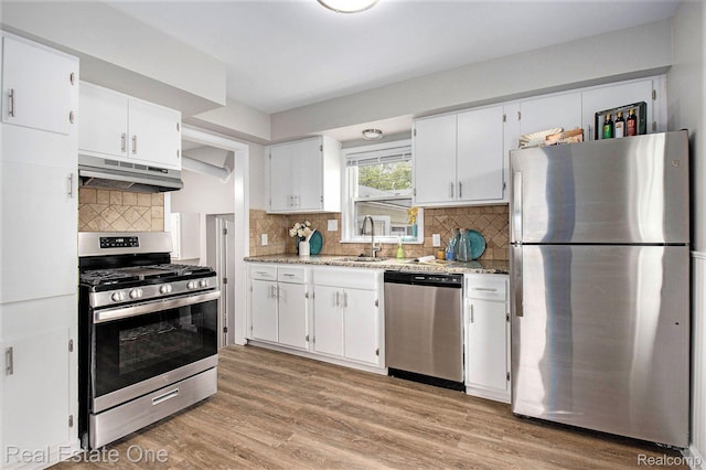 14620 Trenton Rd, Southgate, MI 48195 - kitchen with stainless steel appliances, under cabinet range hood, a sink, and white cabinets