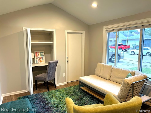 14620 Trenton Rd, Southgate, MI 48195 - living room with vaulted ceiling, dark wood-style flooring, baseboards, and recessed lighting