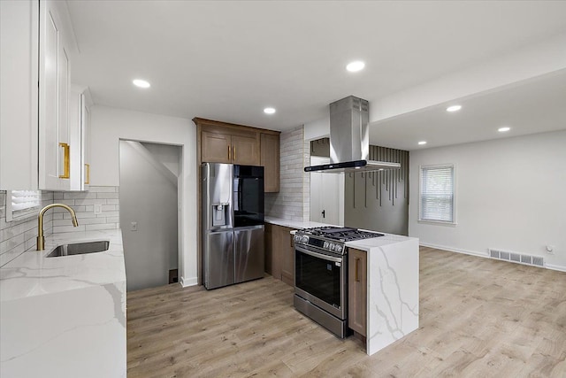 1437 Pearson St, Ferndale, MI 48220 - kitchen with stainless steel appliances, a sink, exhaust hood, a peninsula, and decorative backsplash