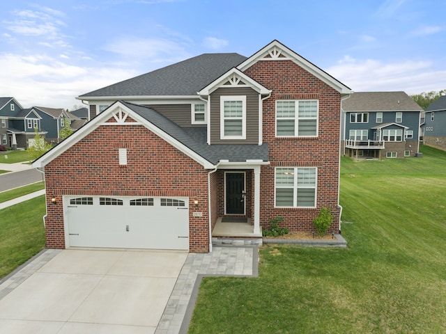 2610 Ironton Dr, Commerce Twp, MI 48382 - view of front facade with a front lawn, driveway, brick siding, roof with shingles, and a residential view
