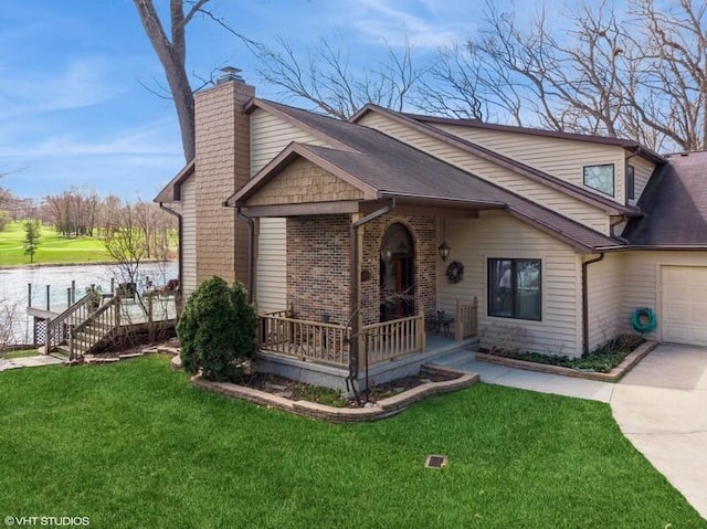 2942 White Oaks Ln, Buchanan, MI 49107 - view of front of house featuring a chimney, concrete driveway, a front lawn, and covered porch