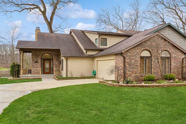 2942 White Oaks Ln, Buchanan, MI 49107 - view of front of house featuring concrete driveway, brick siding, a chimney, and a front yard
