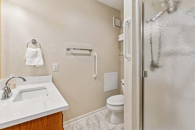 2942 White Oaks Ln, Buchanan, MI 49107 - bathroom with a shower stall, marble look tiles, baseboards, toilet, and vanity