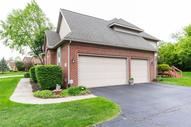 7009 Suncrest Dr, Saline, MI 48176 - view of side of property with brick siding, a shingled roof, driveway, a yard, and a garage