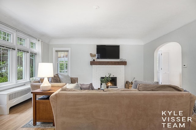 1058 Eastwood Ave SE, East Grand Rapids, MI 49506 - living room with radiator heating unit, a fireplace, wood finished floors, and arched walkways