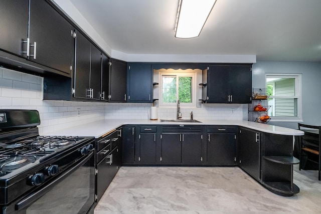 1402 Niles Buchanan Rd, Niles, MI 49120 - kitchen featuring black gas range oven, a sink, open shelves, backsplash, and light countertops