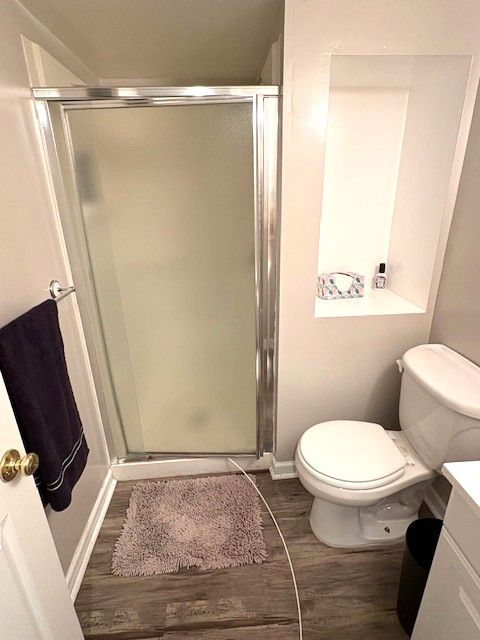 1376 Leisure Dr, Flint, MI 48507 - bathroom with wood finished floors, a shower stall, toilet, and vanity