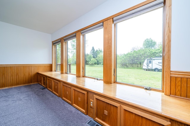5142 Becht Rd, Coloma, MI 49038 - unfurnished office featuring wood walls, a wainscoted wall, and carpet flooring