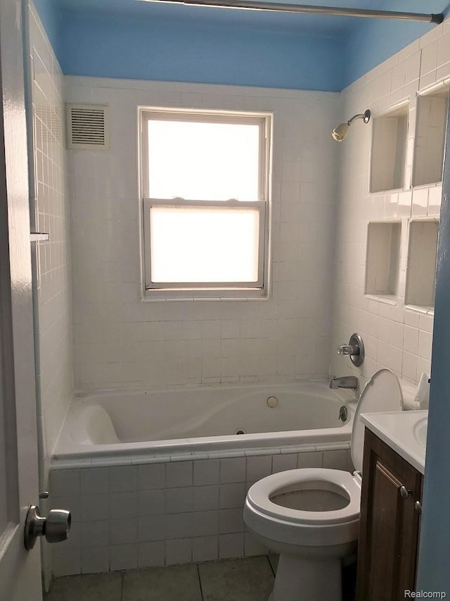 19381 Kenosha St, Harper Woods, MI 48225 - full bath featuring vanity, tile patterned flooring, bathing tub / shower combination, and toilet