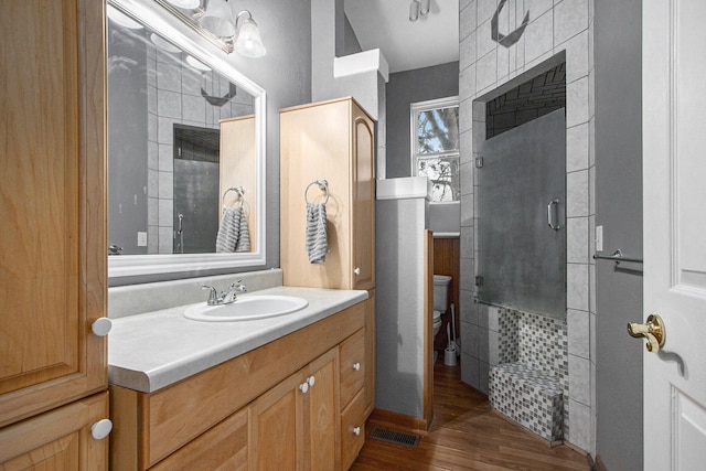 1912 E Centre Ave, Portage, MI 49002 - full bathroom with wood finished floors, a shower stall, vanity, and toilet