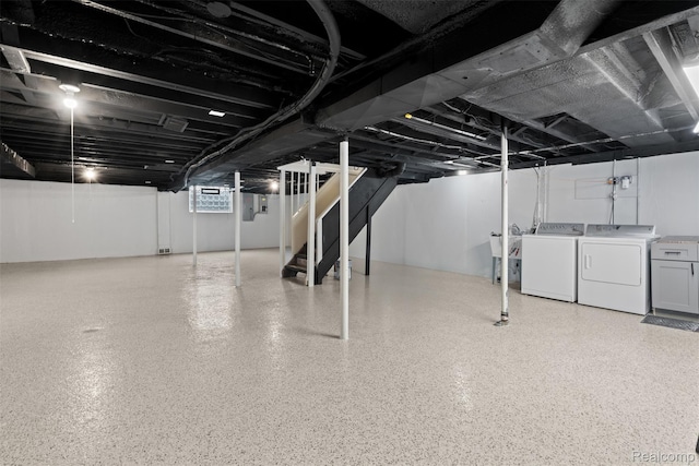 29748 Chelmsford Rd, Southfield, MI 48076 - below grade area with washing machine and dryer and stairs