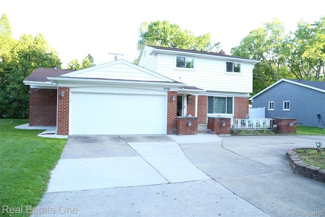18675 Webster Ave, Southfield, MI 48076 - view of front of home featuring brick siding, an attached garage, driveway, a front lawn, and a chimney