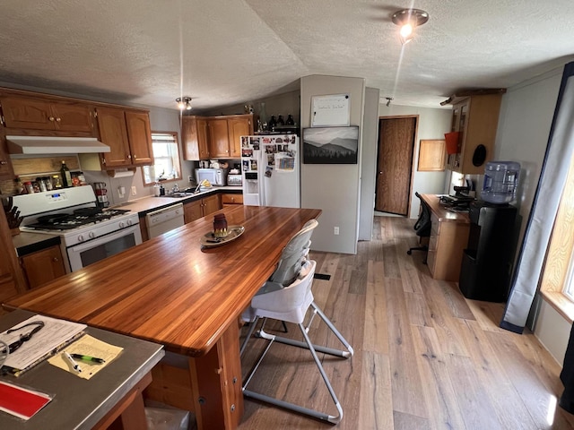 2828 Trepanier Dr Unit 515, Ludington, MI 49431 - kitchen featuring white appliances, lofted ceiling, light wood-style floors, a textured ceiling, and under cabinet range hood
