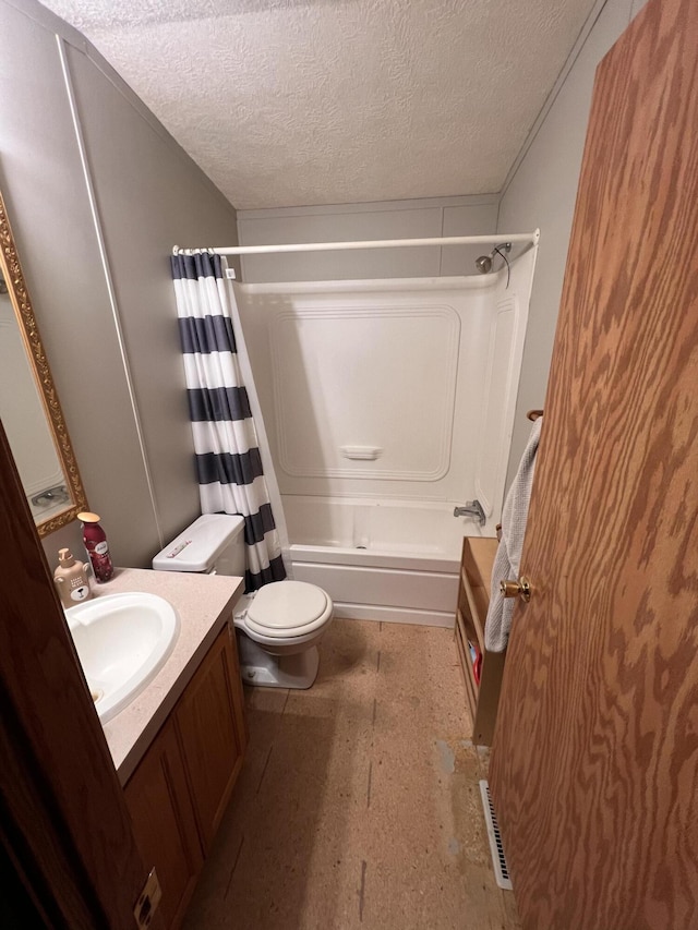 2828 Trepanier Dr Unit 515, Ludington, MI 49431 - full bathroom featuring a textured ceiling, vanity, toilet, and shower / bathtub combination with curtain