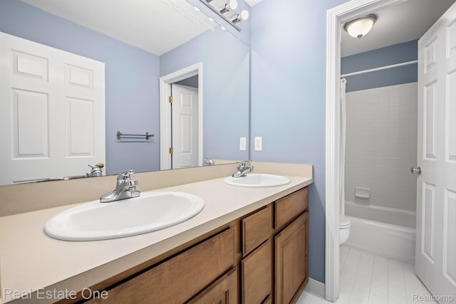 29329 Whistler Dr, Novi, MI 48377 - bathroom featuring double vanity, toilet, shower / tub combo, and tile patterned floors