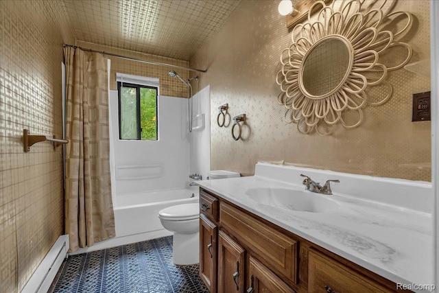 14004 Abington Ave, Detroit, MI 48227 - bathroom featuring baseboard heating, vanity, shower / bathtub combination with curtain, and toilet