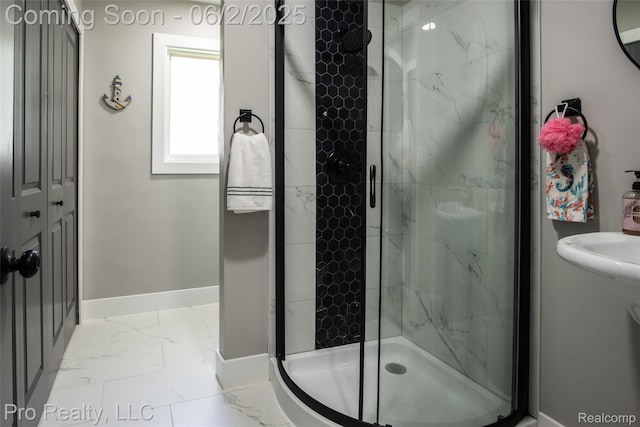 2750 Lansdowne Rd, Waterford, MI 48329 - full bath featuring marble finish floors, a stall shower, and baseboards