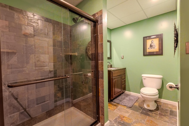 6573 Sweet Clover Hills Dr, Jonesville, MI 49250 - full bath with toilet, vanity, a stall shower, baseboards, and stone tile flooring