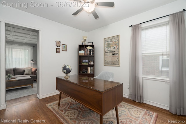 1395 Aline Dr, Grosse Pointe Woods, MI 48236 - home office with ceiling fan, wood finished floors, and baseboards