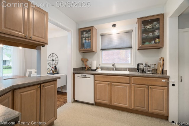 1395 Aline Dr, Grosse Pointe Woods, MI 48236 - kitchen featuring a sink, dishwasher, dark countertops, and glass insert cabinets