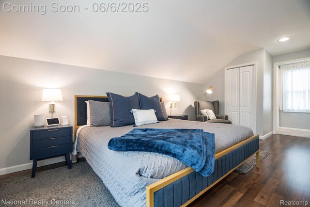 1395 Aline Dr, Grosse Pointe Woods, MI 48236 - bedroom with lofted ceiling, baseboards, a closet, wood finished floors, and recessed lighting