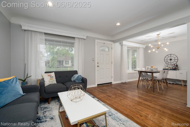 1395 Aline Dr, Grosse Pointe Woods, MI 48236 - living area with wood finished floors, baseboards, a chandelier, and recessed lighting