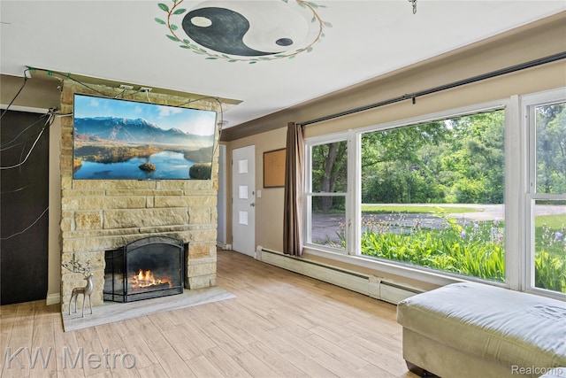 3191 Perry Ct, Grand Blanc, MI 48439 - living area featuring a baseboard radiator, wood finished floors, and a fireplace