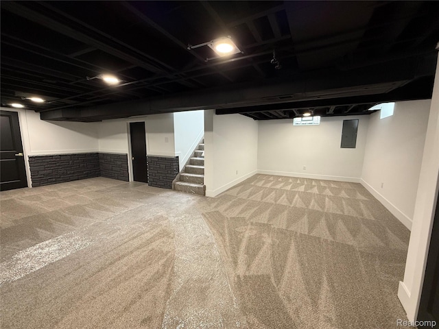 20218 Chalon St, Saint Clair Shores, MI 48080 - finished basement featuring carpet flooring, electric panel, and stairway