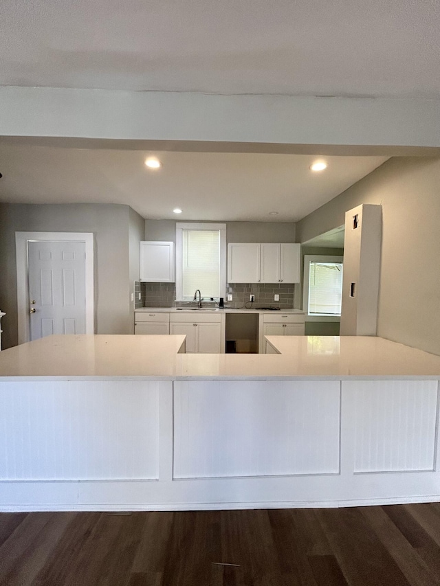 388 Chalmers St, Detroit, MI 48215 - kitchen featuring white cabinets, dark wood-style floors, tasteful backsplash, recessed lighting, and a sink